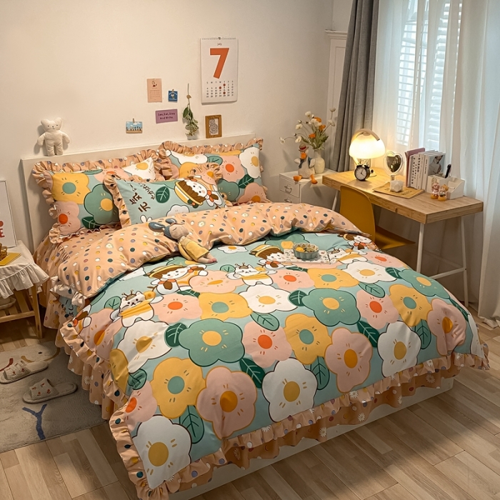 91家纺网 家纺一手货源 找家纺 上尚居 2024新款小清新韩版花边磨毛四件套 元气少女-粉