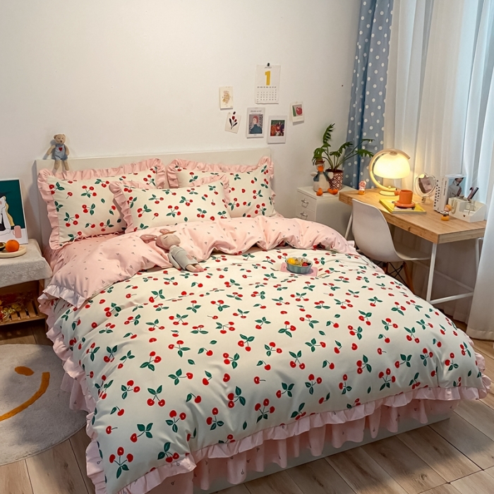 91家纺网 家纺一手货源 找家纺 上尚居 2024新款小清新韩版花边磨毛四件套水洗棉 樱桃-米