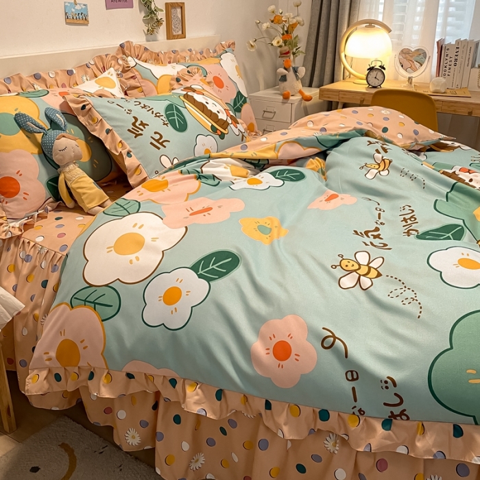 91家纺网 家纺一手货源 找家纺 上尚居 2024新款小清新韩版花边磨毛四件套 元气少女-粉