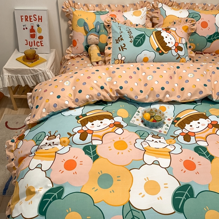 91家纺网 家纺一手货源 找家纺 上尚居 2024新款小清新韩版花边磨毛四件套 元气少女-粉