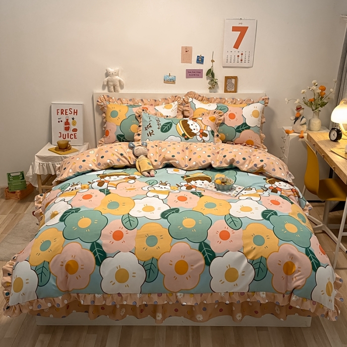 91家纺网 家纺一手货源 找家纺 上尚居 2024新款小清新韩版花边磨毛四件套 元气少女-粉