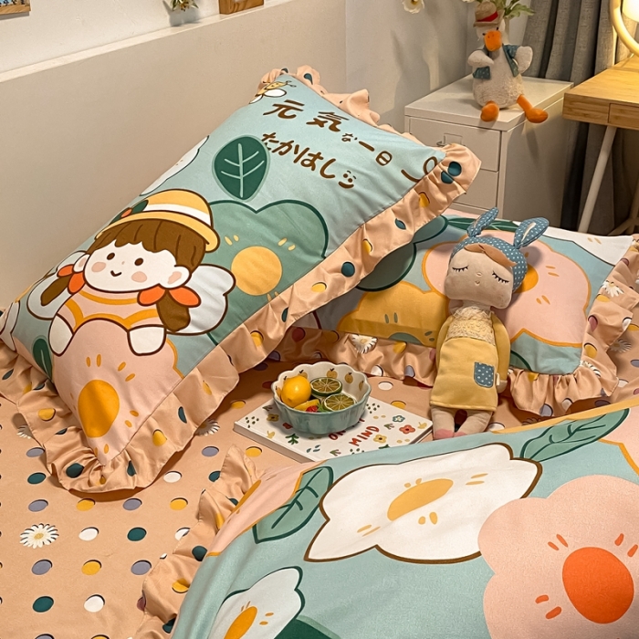 91家纺网 家纺一手货源 找家纺 上尚居 2024新款小清新韩版花边磨毛四件套 元气少女-粉