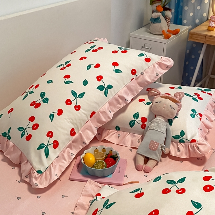 91家纺网 家纺一手货源 找家纺 上尚居 2024新款小清新韩版花边磨毛四件套水洗棉 樱桃-米