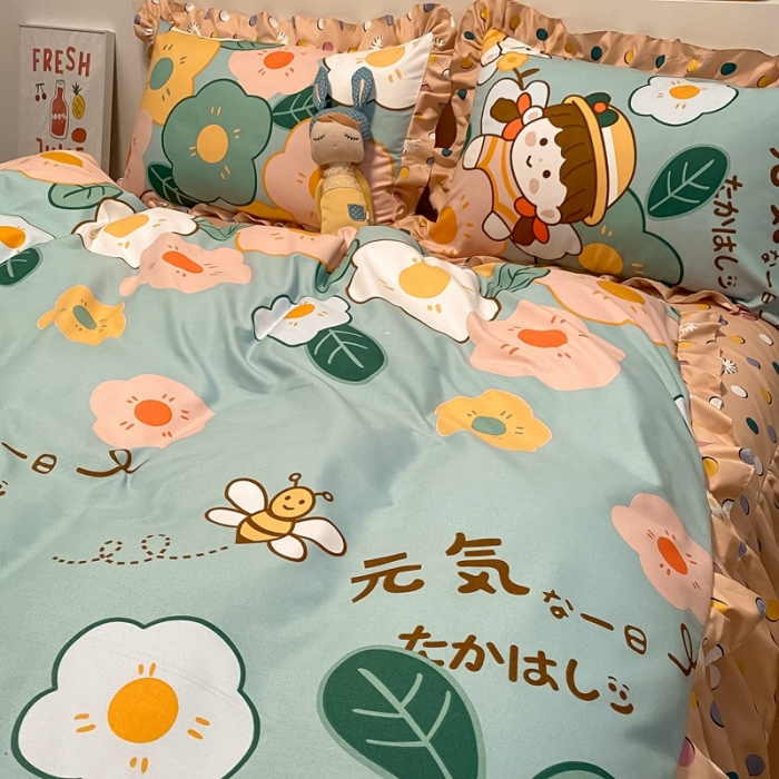 91家纺网 家纺一手货源 找家纺 上尚居 2024新款小清新韩版花边磨毛四件套 元气少女-粉