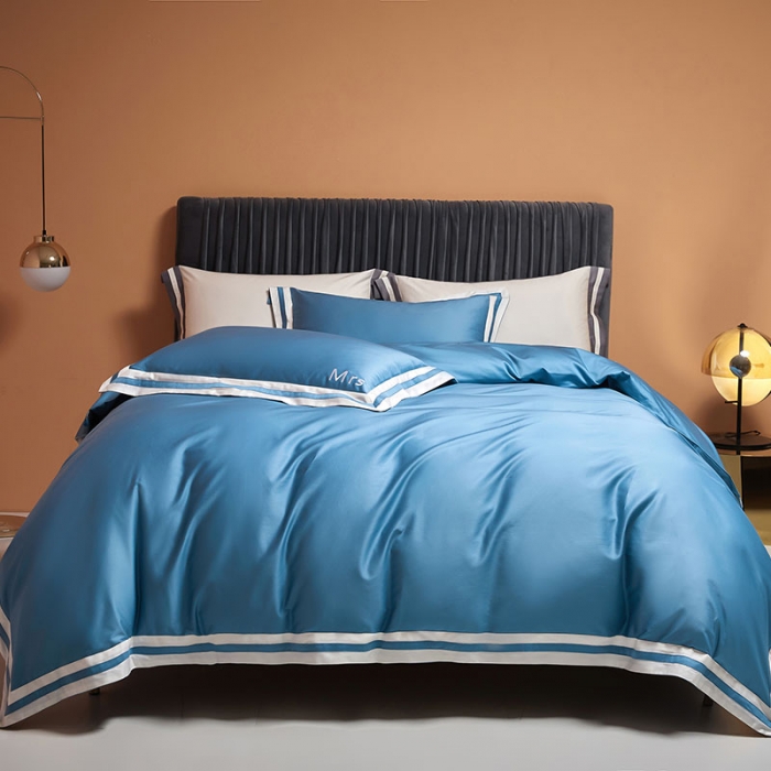 91家纺网 家纺一手货源 找家纺 爱缦 2021新款简系列100支长绒棉奥棉四件套棚拍图 电光蓝