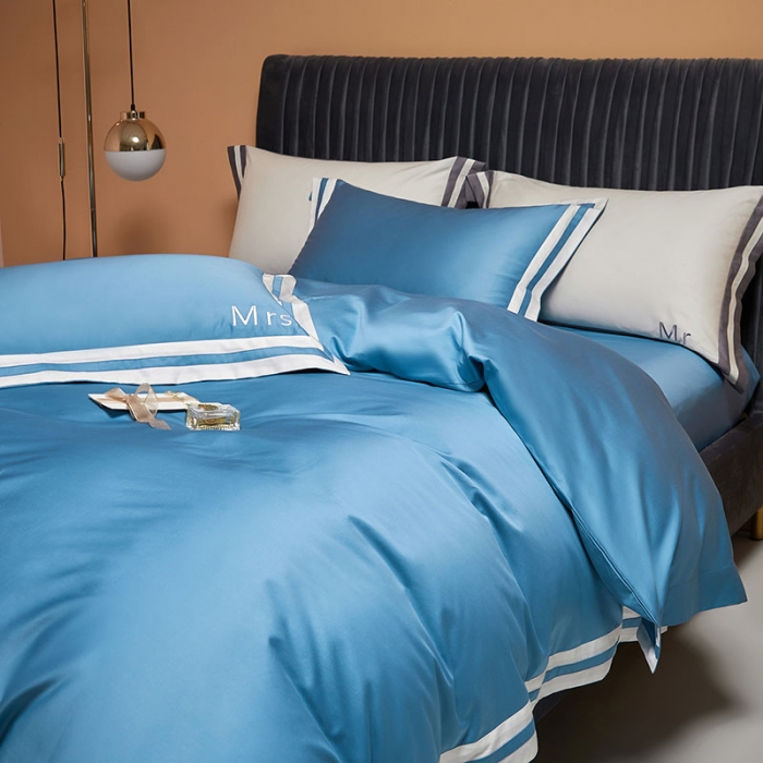 91家纺网 家纺一手货源 找家纺 爱缦 2021新款简系列100支长绒棉奥棉四件套棚拍图 电光蓝