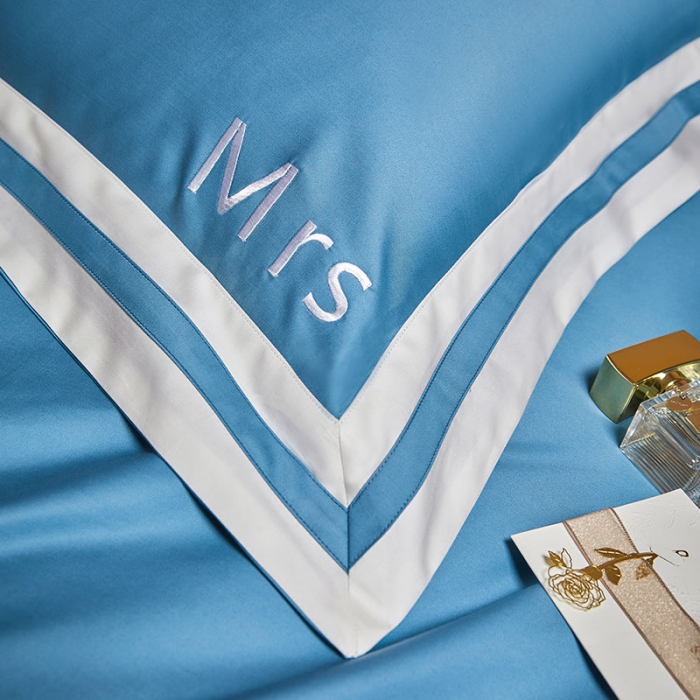 91家纺网 家纺一手货源 找家纺 爱缦 2021新款简系列100支长绒棉奥棉四件套棚拍图 电光蓝