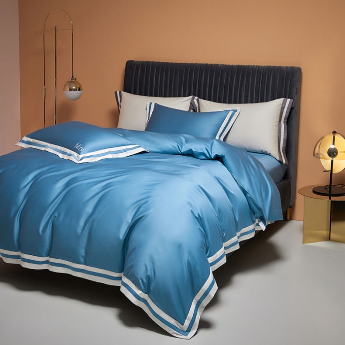 91家纺网 家纺一手货源 找家纺 爱缦 2021新款简系列100支长绒棉奥棉四件套棚拍图 电光蓝