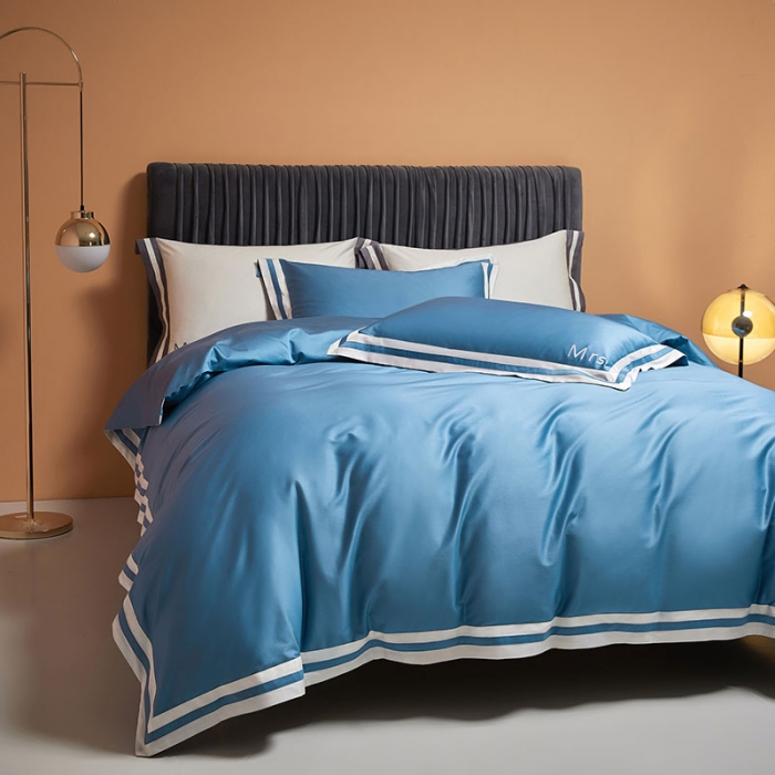 91家纺网 家纺一手货源 找家纺 爱缦 2021新款简系列100支长绒棉奥棉四件套棚拍图 电光蓝