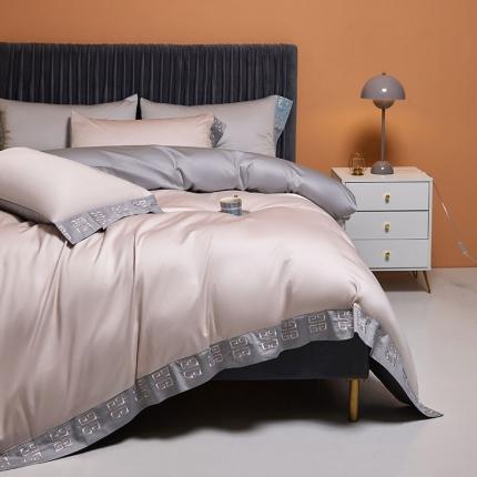 91家纺网 家纺一手货源 找家纺 爱缦 新款宫系列100支长绒棉奥棉四件套棚拍图雅灰粉-时尚灰