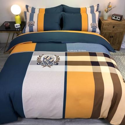 91家纺网 家纺一手货源 找家纺 （总）金爱家 2021新款大版磨毛条格简约四件套