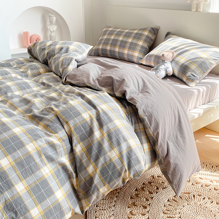 91家纺网 家纺一手货源 找家纺 蓝巢 2021新款全棉色织水洗棉四件套 保罗灰