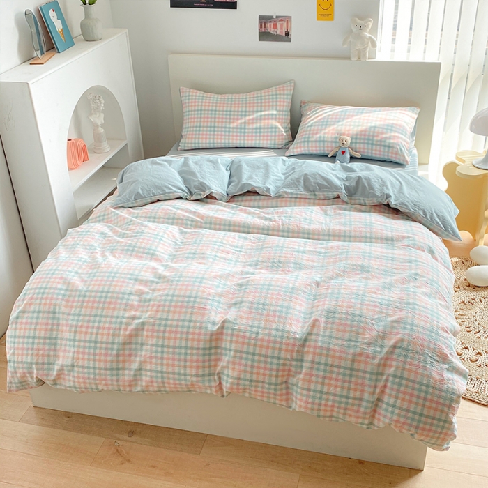 91家纺网 家纺一手货源 找家纺 蓝巢 2021新款全棉色织水洗棉四件套 冰激凌绿