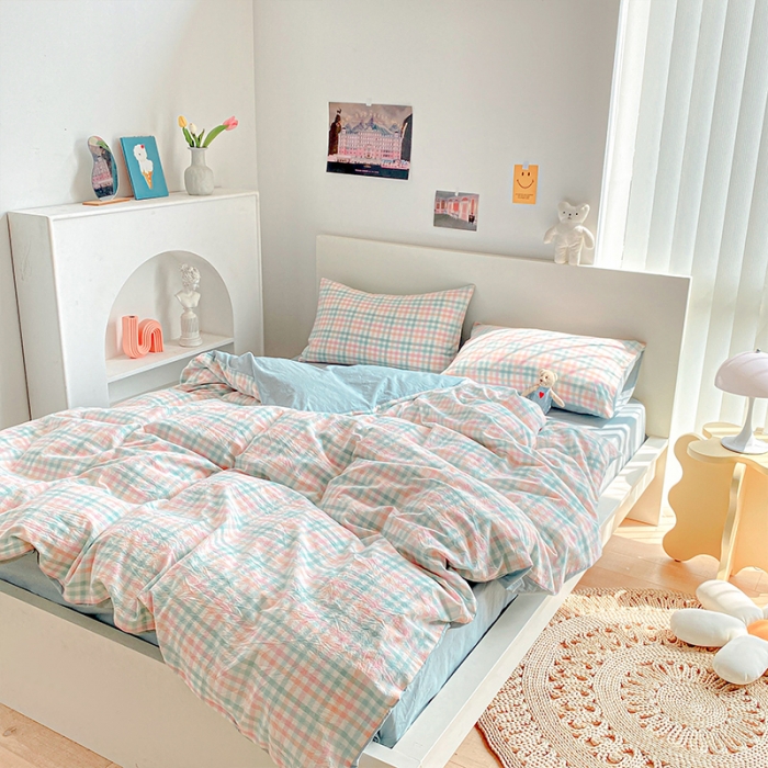 91家纺网 家纺一手货源 找家纺 蓝巢 2021新款全棉色织水洗棉四件套 冰激凌绿