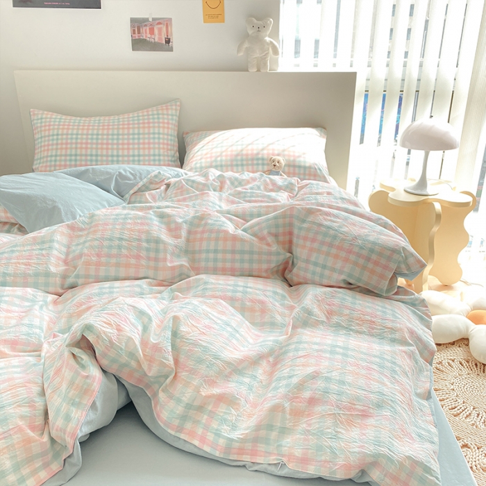 91家纺网 家纺一手货源 找家纺 蓝巢 2021新款全棉色织水洗棉四件套 冰激凌绿