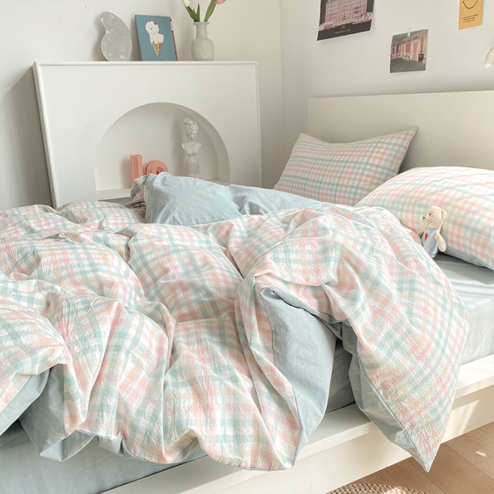 91家纺网 家纺一手货源 找家纺 蓝巢 2021新款全棉色织水洗棉四件套 冰激凌绿