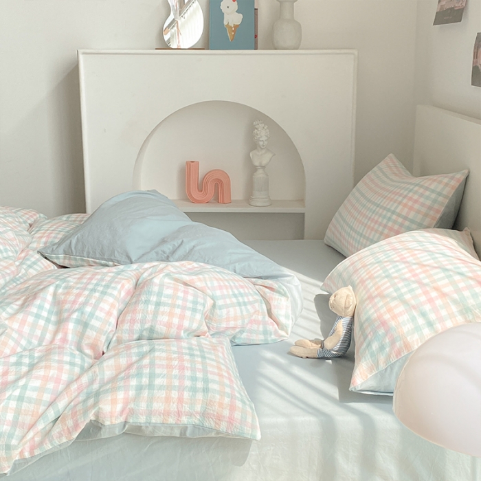 91家纺网 家纺一手货源 找家纺 蓝巢 2021新款全棉色织水洗棉四件套 冰激凌绿