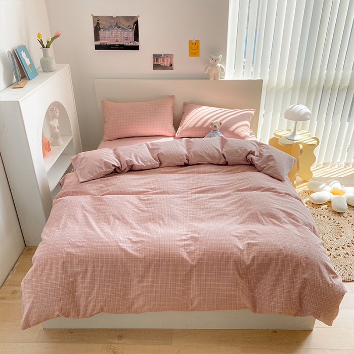 91家纺网 家纺一手货源 找家纺 蓝巢 2021新款全棉色织水洗棉四件套 布丁格豆沙