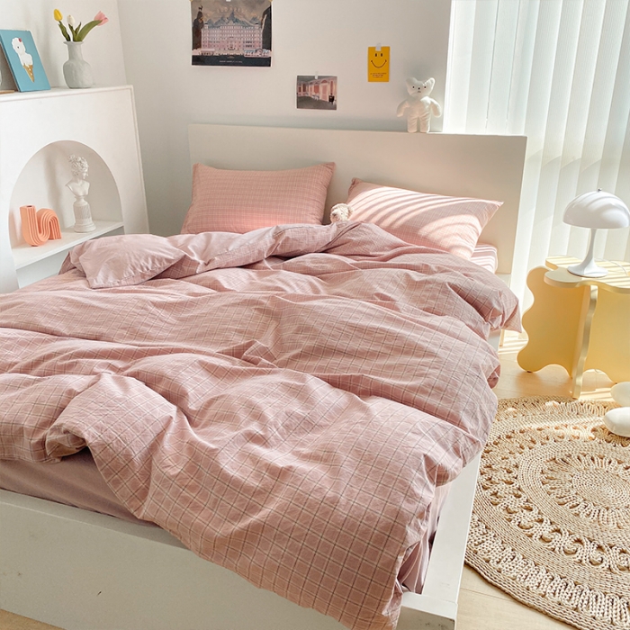 91家纺网 家纺一手货源 找家纺 蓝巢 2021新款全棉色织水洗棉四件套 布丁格豆沙