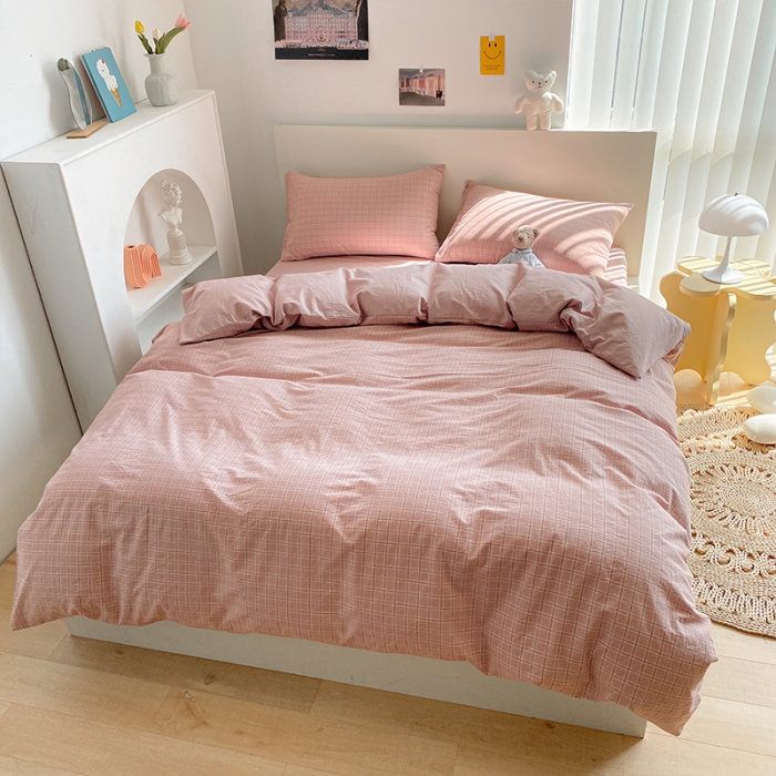 91家纺网 家纺一手货源 找家纺 蓝巢 2021新款全棉色织水洗棉四件套 布丁格豆沙