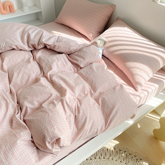 91家纺网 家纺一手货源 找家纺 蓝巢 2021新款全棉色织水洗棉四件套 布丁格豆沙