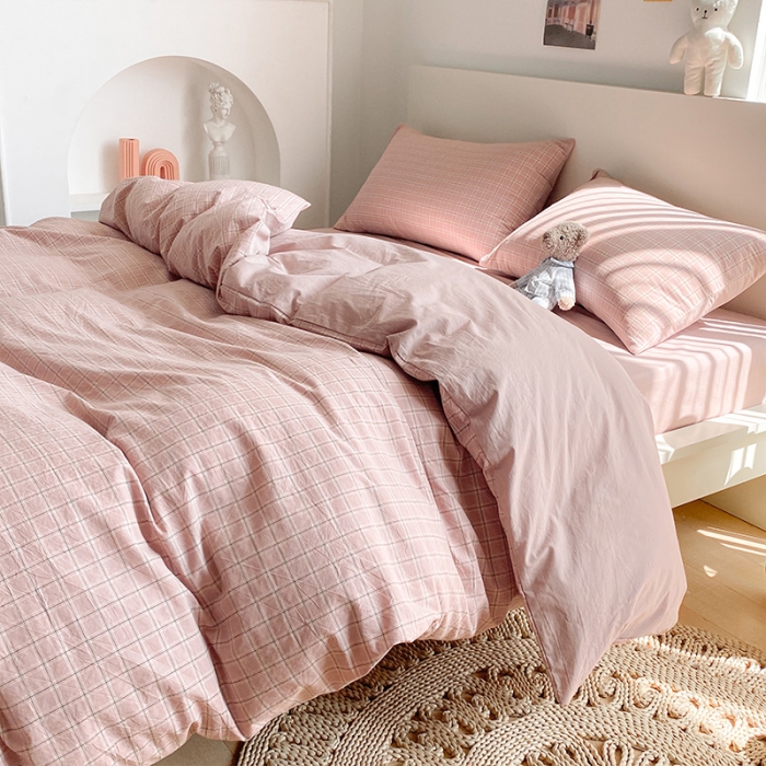 91家纺网 家纺一手货源 找家纺 蓝巢 2021新款全棉色织水洗棉四件套 布丁格豆沙