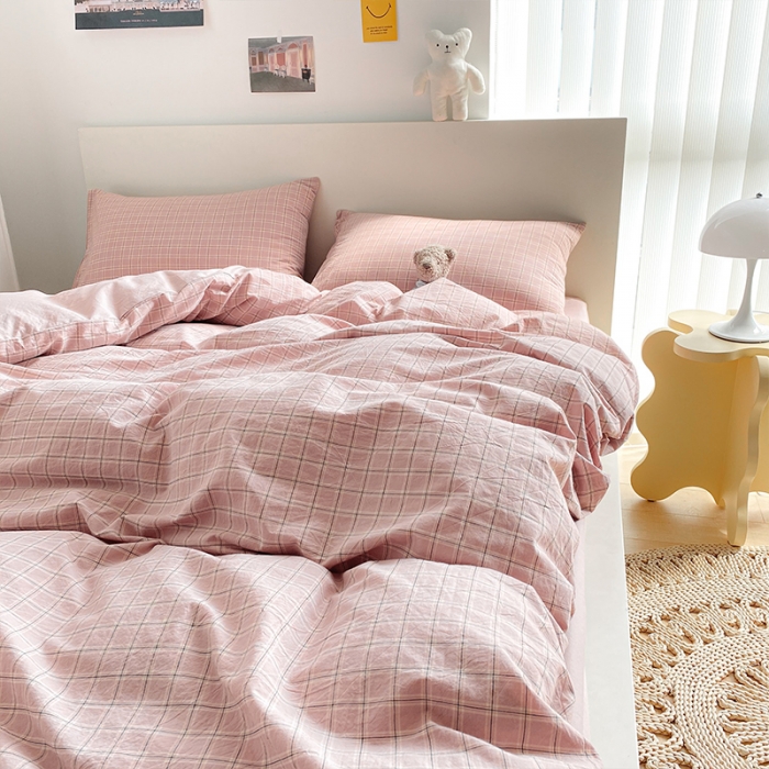 91家纺网 家纺一手货源 找家纺 蓝巢 2021新款全棉色织水洗棉四件套 布丁格豆沙