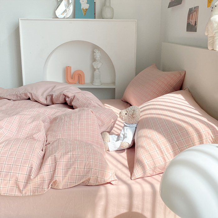 91家纺网 家纺一手货源 找家纺 蓝巢 2021新款全棉色织水洗棉四件套 布丁格豆沙