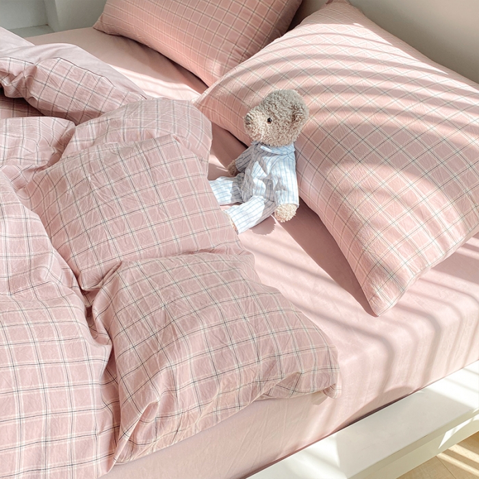 91家纺网 家纺一手货源 找家纺 蓝巢 2021新款全棉色织水洗棉四件套 布丁格豆沙