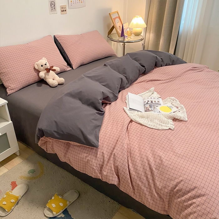 91家纺网 家纺一手货源 找家纺 蓝巢 2021新款全棉色织水洗棉四件套 丁香粉格