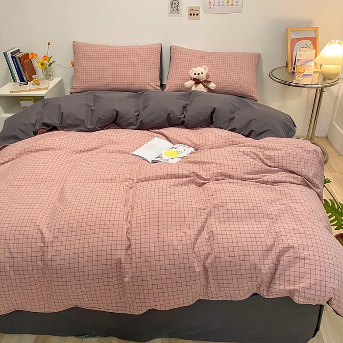 91家纺网 家纺一手货源 找家纺 蓝巢 2021新款全棉色织水洗棉四件套 丁香粉格