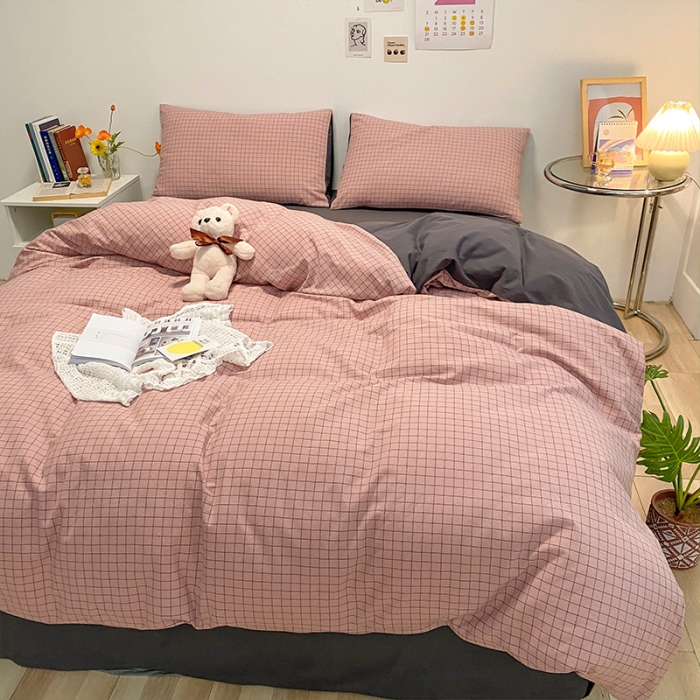 91家纺网 家纺一手货源 找家纺 蓝巢 2021新款全棉色织水洗棉四件套 丁香粉格