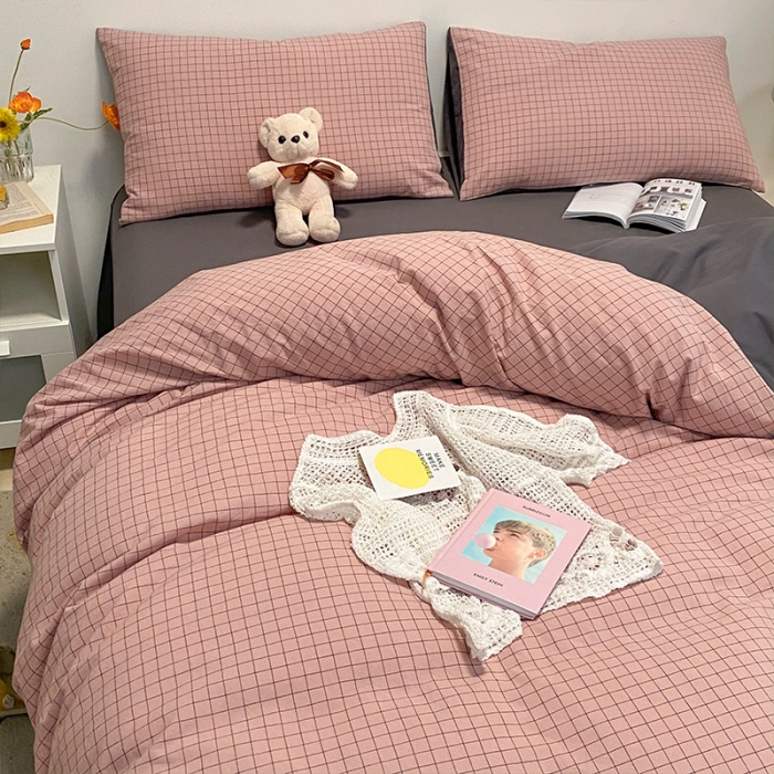 91家纺网 家纺一手货源 找家纺 蓝巢 2021新款全棉色织水洗棉四件套 丁香粉格