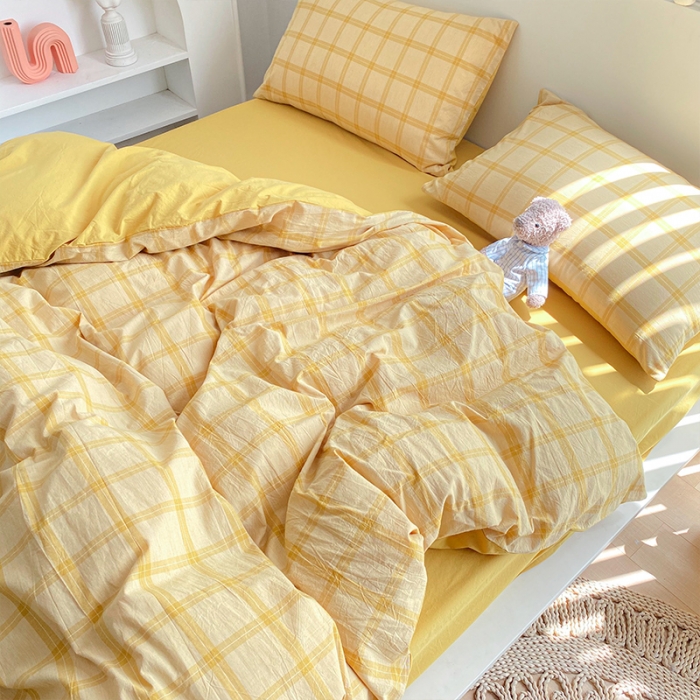 91家纺网 家纺一手货源 找家纺 蓝巢 2021新款全棉色织水洗棉四件套 加州黄