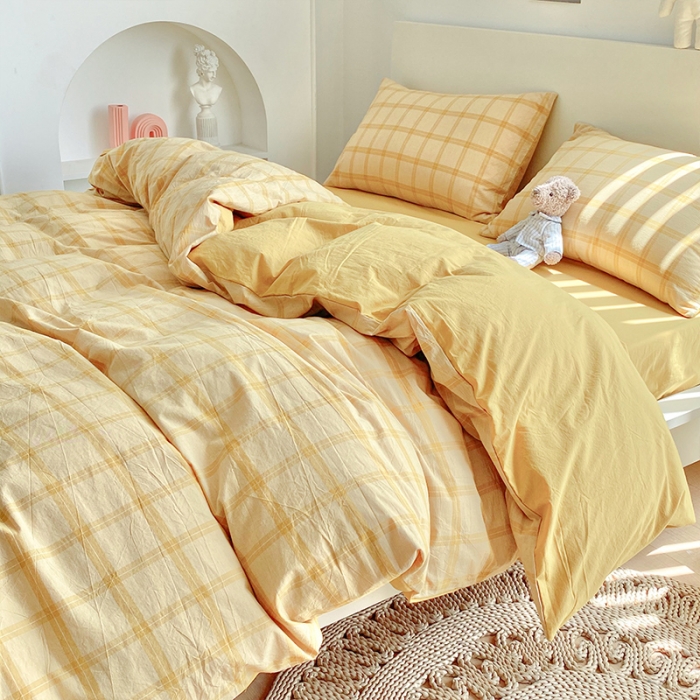 91家纺网 家纺一手货源 找家纺 蓝巢 2021新款全棉色织水洗棉四件套 加州黄