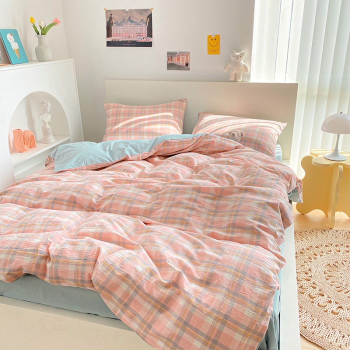 91家纺网 家纺一手货源 找家纺 蓝巢 2021新款全棉色织水洗棉四件套 简兮粉