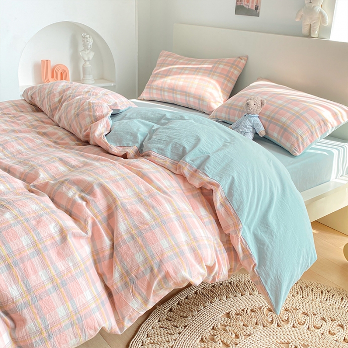 91家纺网 家纺一手货源 找家纺 蓝巢 2021新款全棉色织水洗棉四件套 简兮粉