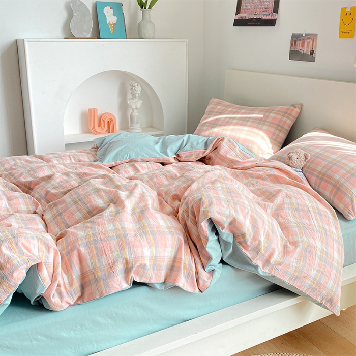 91家纺网 家纺一手货源 找家纺 蓝巢 2021新款全棉色织水洗棉四件套 简兮粉