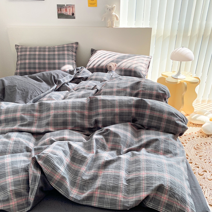 91家纺网 家纺一手货源 找家纺 蓝巢 2021新款全棉色织水洗棉四件套 卡尔粉