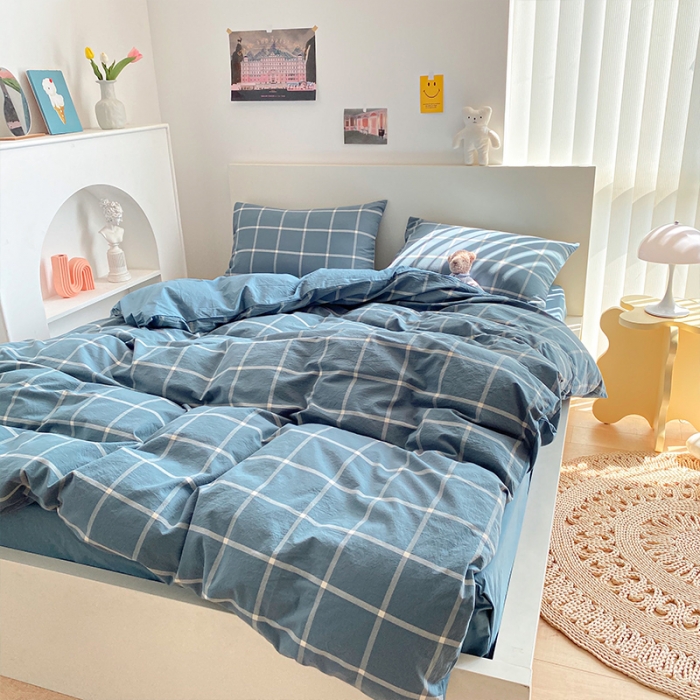 91家纺网 家纺一手货源 找家纺 蓝巢 2021新款全棉色织水洗棉四件套 蓝灰大格