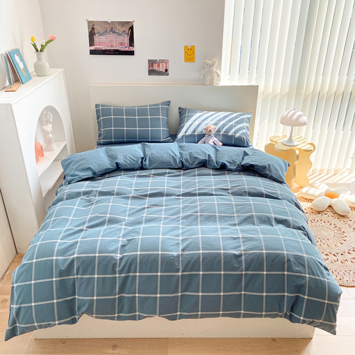 91家纺网 家纺一手货源 找家纺 蓝巢 2021新款全棉色织水洗棉四件套 蓝灰大格