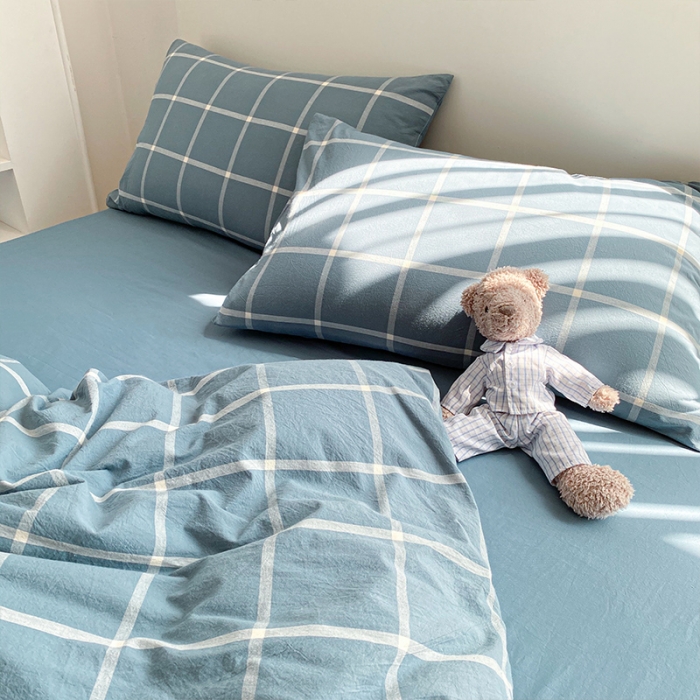 91家纺网 家纺一手货源 找家纺 蓝巢 2021新款全棉色织水洗棉四件套 蓝灰大格