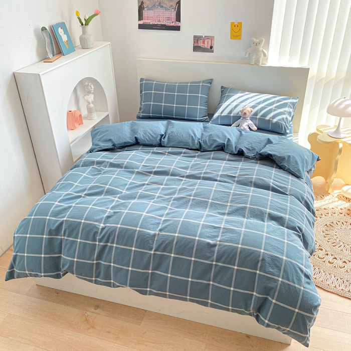 91家纺网 家纺一手货源 找家纺 蓝巢 2021新款全棉色织水洗棉四件套 蓝灰大格