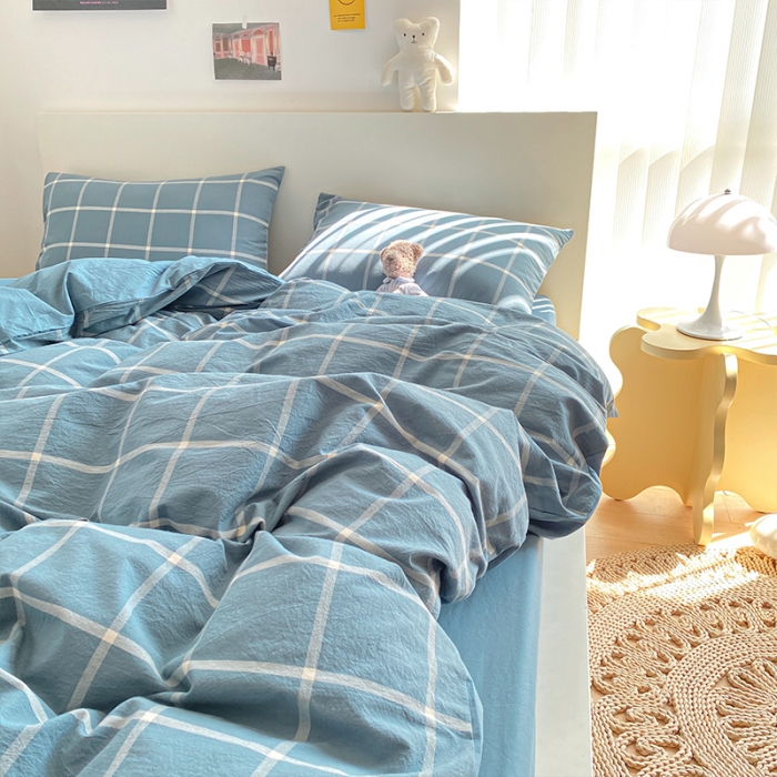 91家纺网 家纺一手货源 找家纺 蓝巢 2021新款全棉色织水洗棉四件套 蓝灰大格