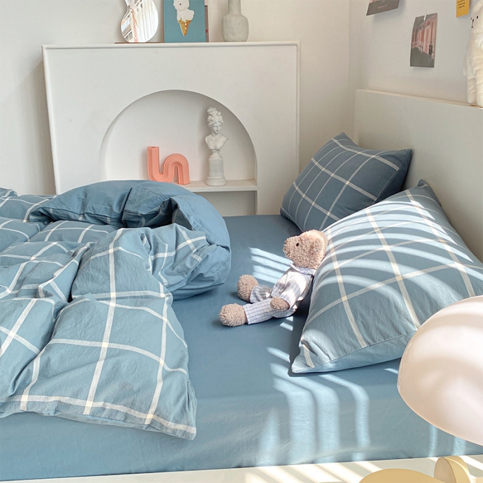 91家纺网 家纺一手货源 找家纺 蓝巢 2021新款全棉色织水洗棉四件套 蓝灰大格