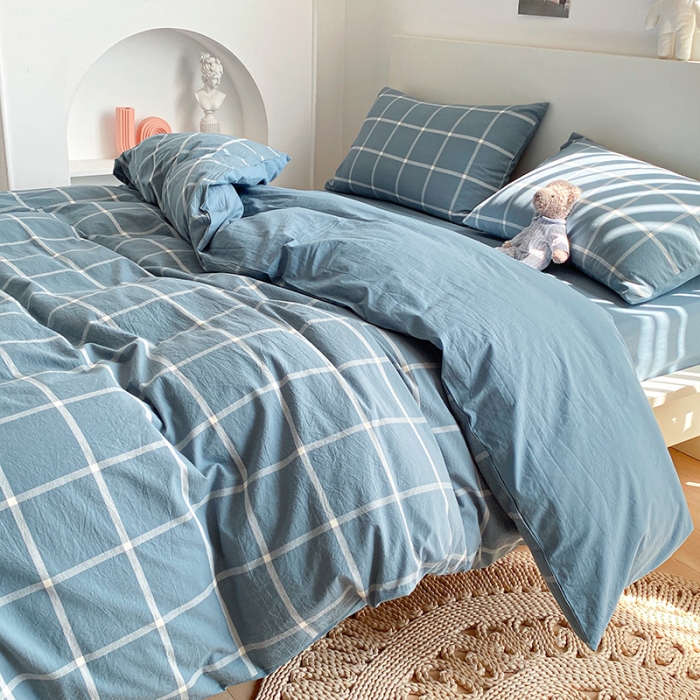 91家纺网 家纺一手货源 找家纺 蓝巢 2021新款全棉色织水洗棉四件套 蓝灰大格