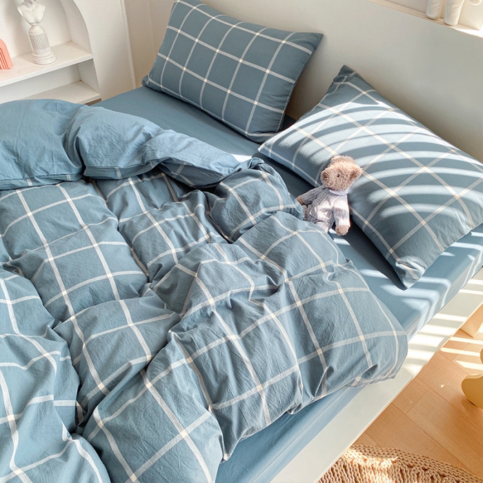 91家纺网 家纺一手货源 找家纺 蓝巢 2021新款全棉色织水洗棉四件套 蓝灰大格