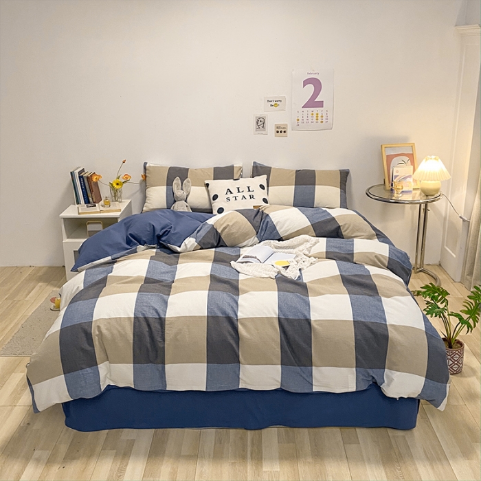 91家纺网 家纺一手货源 找家纺 蓝巢 2021新款全棉色织水洗棉四件套 蓝调格