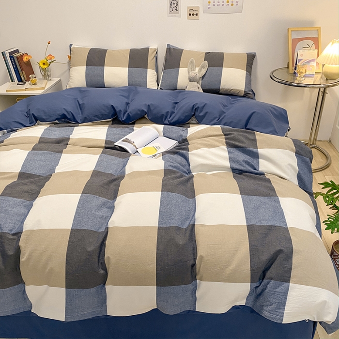 91家纺网 家纺一手货源 找家纺 蓝巢 2021新款全棉色织水洗棉四件套 蓝调格