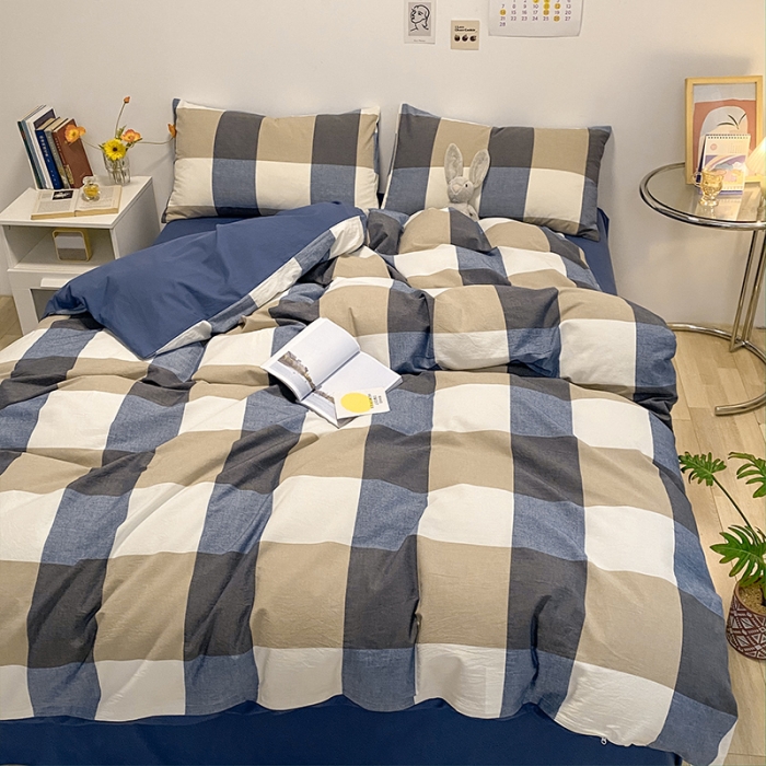 91家纺网 家纺一手货源 找家纺 蓝巢 2021新款全棉色织水洗棉四件套 蓝调格